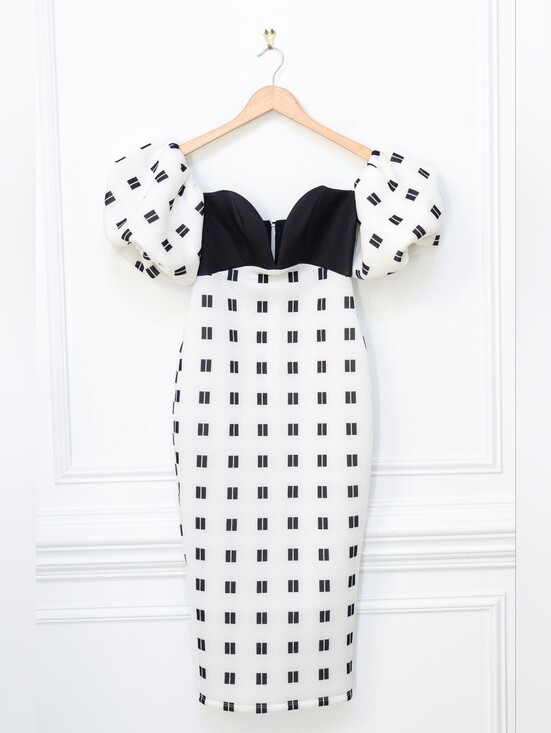 ASOS Dresses & Skirts - NWT ASOS Mono Grid Puff Sleeve Off The Shoulder Dress Black White Sz 4 Cocktail